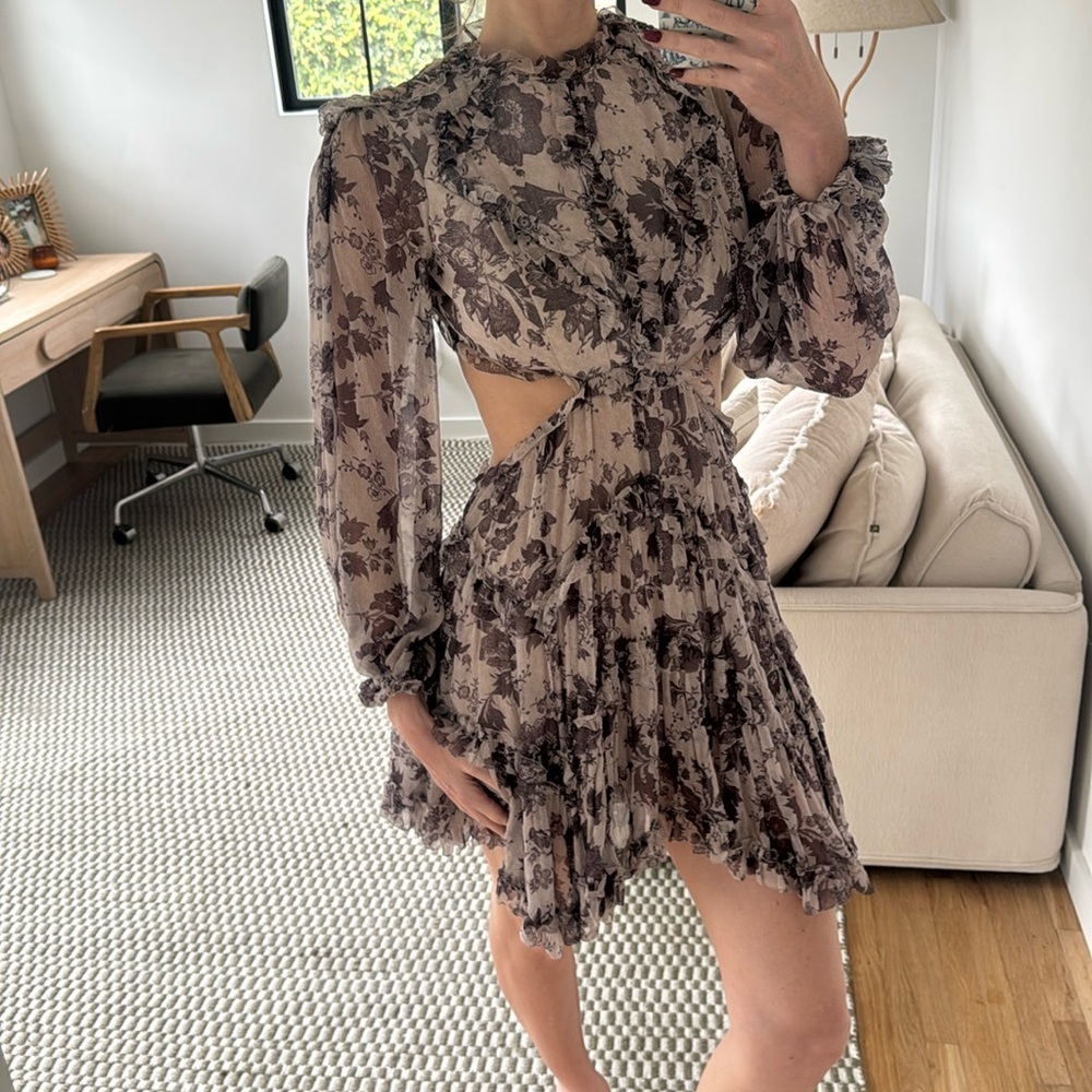 Zimmermann Cream and Brown Floral Ruffle Mini Dress Sz M - Picture 9 of 15